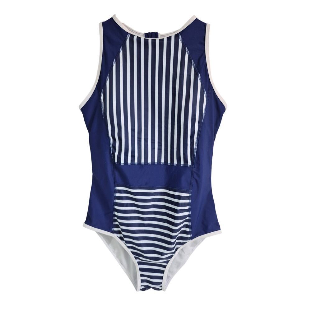1PC Blue/White Bathing Suit w/ Stripes Zipper Down Back High Neckline Womens M/L